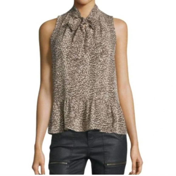 Joie Size Small Estero Leopard Sleeveless Peplum Tie Neck Silk - Picture 2 of 10
